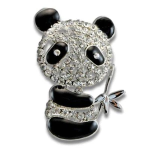 PANDA BROOCH 1.5" Cute Panda Bear Pin Sparkling Crystal Black Enamel Rhinstones - Picture 1 of 4