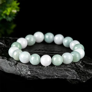 10mm Natural Burmese Jade Bracelet Green White Beads Lucky Charm Unisex Gift - Picture 1 of 6