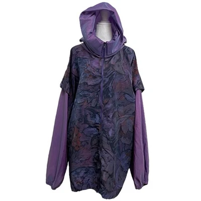 Chaqueta cortavientos Ann Original Seattle vintage púrpura de gran tamaño floral con capucha OS Foto 1 de 4