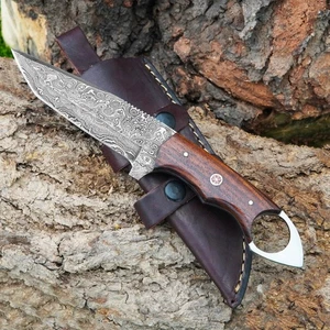 Cuchillo de caza de acero Damasco hecho a mano mango de palo de rosa pasador de mosaico con funda - Imagen 1 de 6