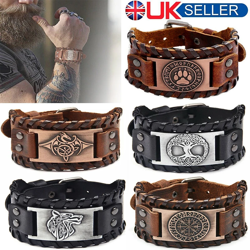 HZMAN Viking Leather Cuff Bracelet For Men - Brown Wide Bracelet With Tree Of Life & Aegishjalmr Pattern, Adjustable 7.5-8.5 Inch - View #3