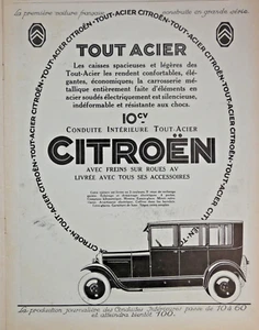PUBLICITÉ DE PRESSE 1926 CITROEN 10 CVTOUT ACIER CONDUITE INTÉRIEURE - Picture 1 of 1