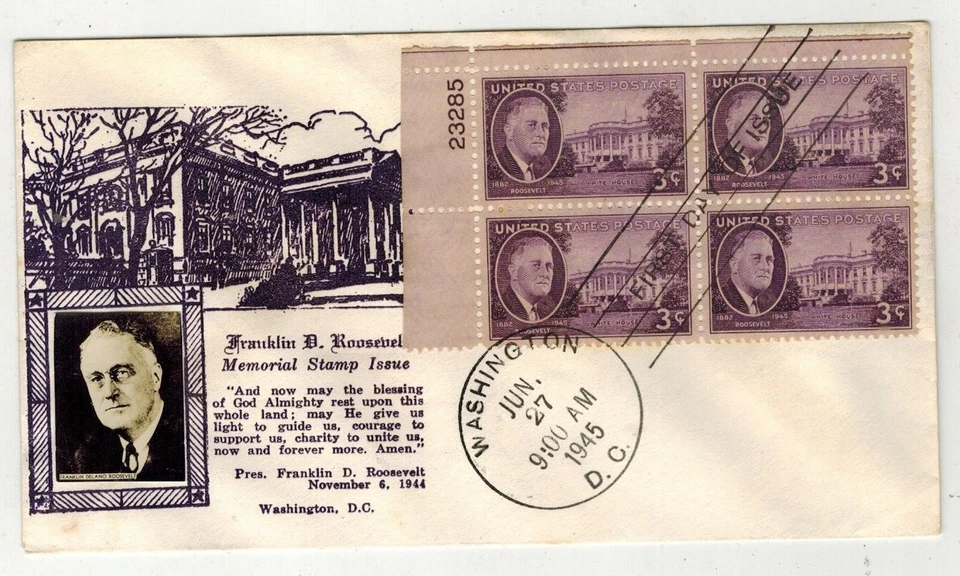1946 FRANKLIN ROOSEVELT MEMORIAL 932 3c ON CROSBY PHOTO FDC PLATE # BLOCK - Image 1 of 1