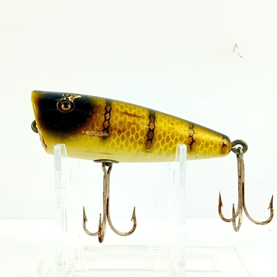 Vtg Shur Strike Plunker Popper Topwater Lure Yellow Scale Wood Glass Eyes V GOOD - Image 1 of 4
