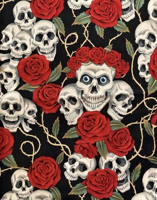 Alexander Henry Fabric THE ROSE TATTOO Skulls & Roses Cotton 36 x 44” - Image 1 of 3