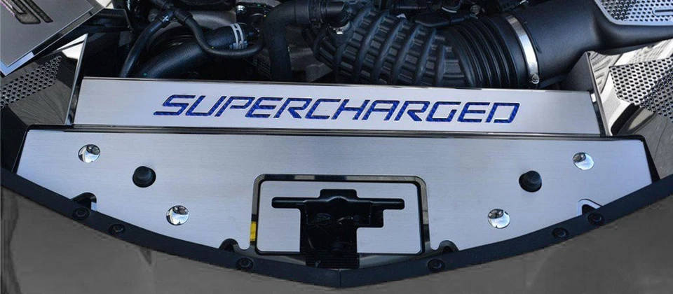 Placa de cabezal frontal azul CF "SUPERCARGADO" incrustación para Camaro 16-20 [cepillado] Foto 1 de 1
