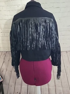 Black Denim Fringe Jacket Cowgirl Western Tassel Size L Cropped Festival Boho - Picture 1 of 8