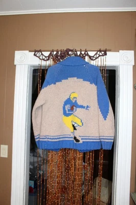 Vintage Cowichan Men s Blue and Tan Football Sweater 1950s Size Large - Image 1 of 4