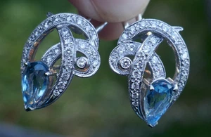 Vintage 18k White Gold Aquamarine & Diamond Earrings / 0.41 TCW - Picture 1 of 15