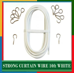 STRONG CURTAIN WIRE 10ft WHITE WINDOW NET CORD CABLE WITH HOOKS AND EYES - Picture 1 of 3