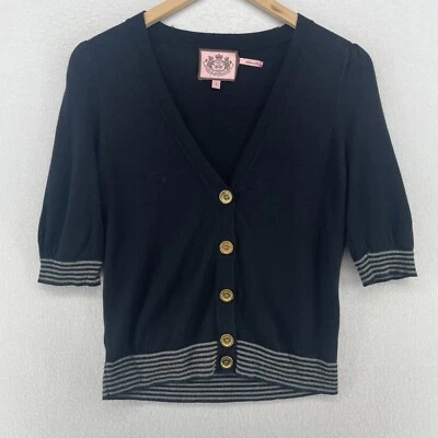 JUICY COUTURE Sweater S Button Up Cardigan V-Neck Y2K 3/4 Sleeve Cotton Black - Image 1 of 4