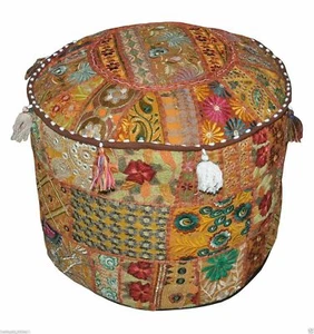 18" Indian Patchwork Round Ottoman Pouf Cover Vintage Moroccan Footstool Pouffe - Picture 1 of 34