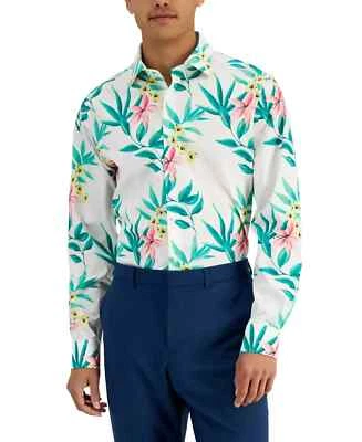 Bar III Men's Slim Fit Stretch Tropical Print Dress Shirt,White Green, S - Image 1 of 4