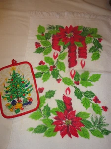 Dish Towel Fringed Vintage 1970's Christmas Print Terry Cloth & Potholder - Picture 1 of 5