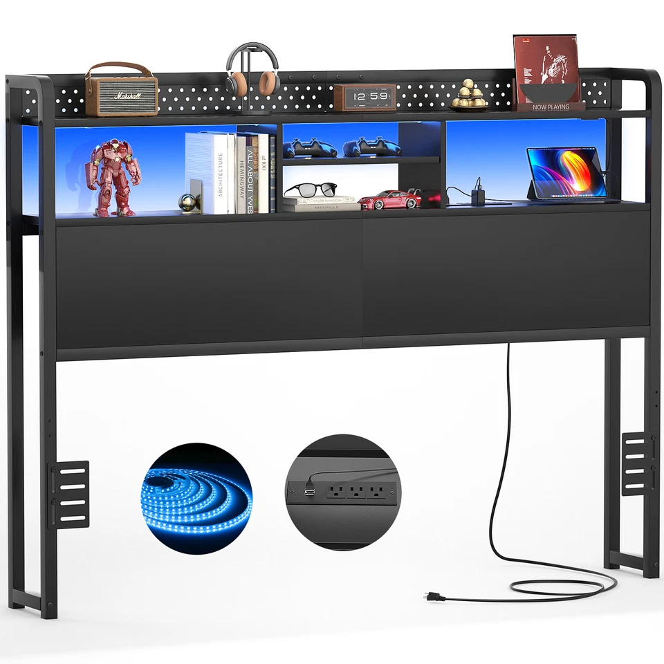 Headboard for King/Queen/Full Size Bed with Storage Shelf & Outlets & RGB Light - Image 1 of 4