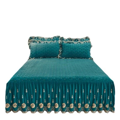 Quilted Velvet Bedspread Set Queen Embroidered Flower Thicken Ruffle Bed Skirt - Image 1 of 4