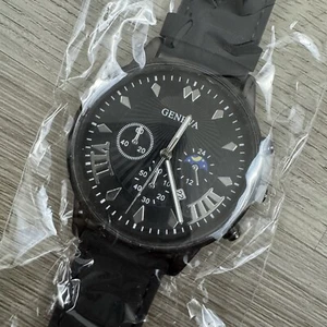 Geneva Black Leather Band Watch With Matching Black Leather Wristband BRAND NEW - Picture 1 of 3