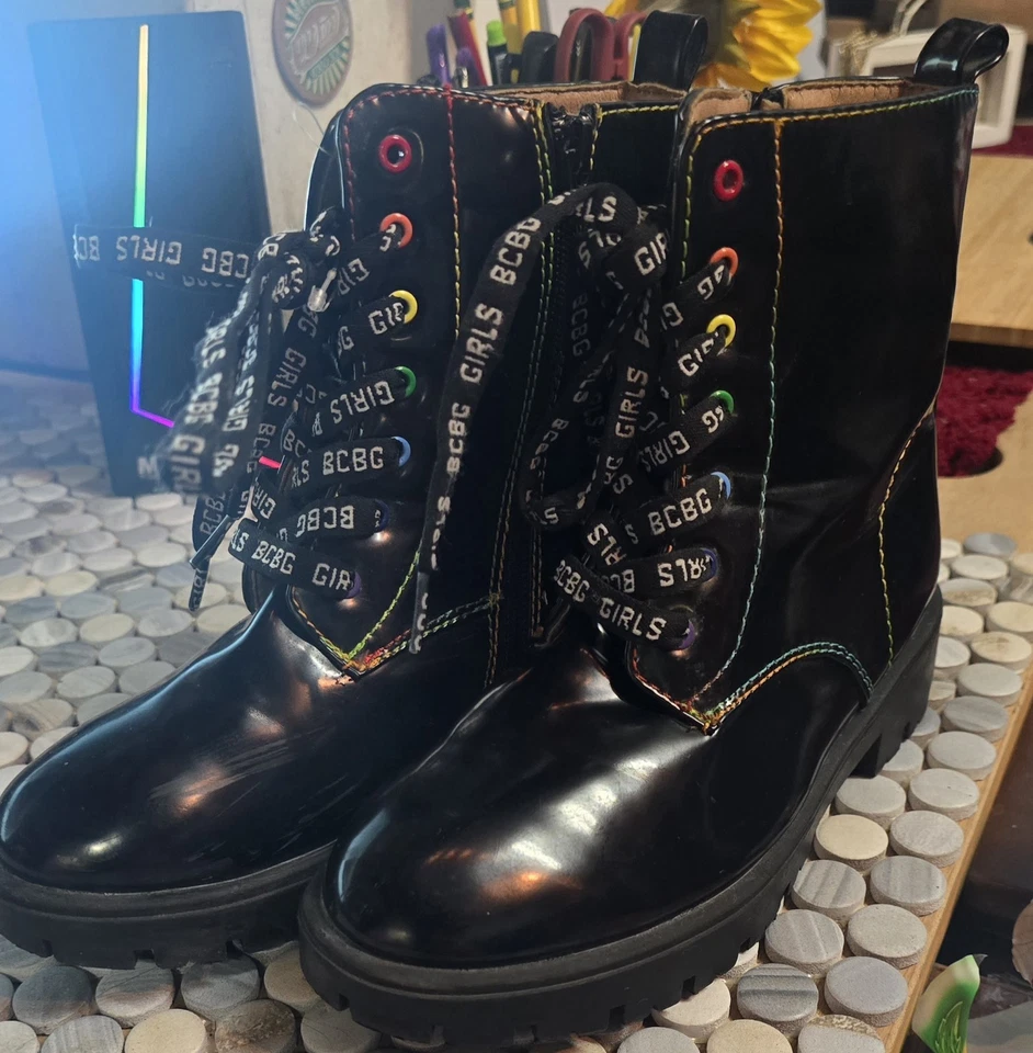 BCBG Black Patent Rainbow Stitch Combat Boots. Pre-Owned Youth Size 3 - Image 1 of 4