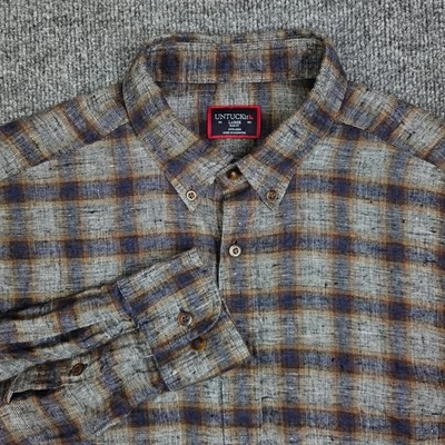 UNTUCKit Linen Button Up Shirt Mens L Slim Fit Plaid Brown Gray Long Sleeve - Image 1 of 4