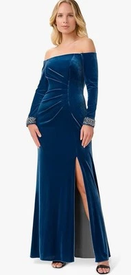 Adrianna Papell Velvet Off-The-Shoulder Beaded-Cuff Gown Size 8 Blue Winter - Image 1 of 4