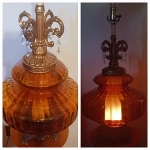 Vintage 1970's EF. EF. Industries Inc. Amber Embossed Glass Table Lamp LARGE - Picture 1 of 15