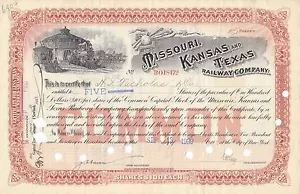 MISSOURI KANSAS & TEXAS COMPAGNIA FERROVIARIA 1900 AZIONI ORDINARIE STOCK Certificato - Foto 1 di 2