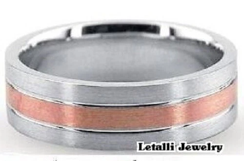 14K SOLID WHITE & ROSE GOLD MENS WEDDING BANDS, TWO TONE GOLD WEDDIN RINGS 7MM - Image 1 of 1