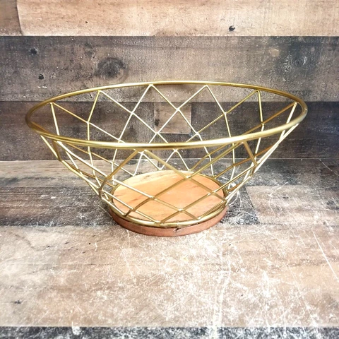 MCM Gold Tone Metal Wire Fruit  Basket 11X5 with wood base Cover