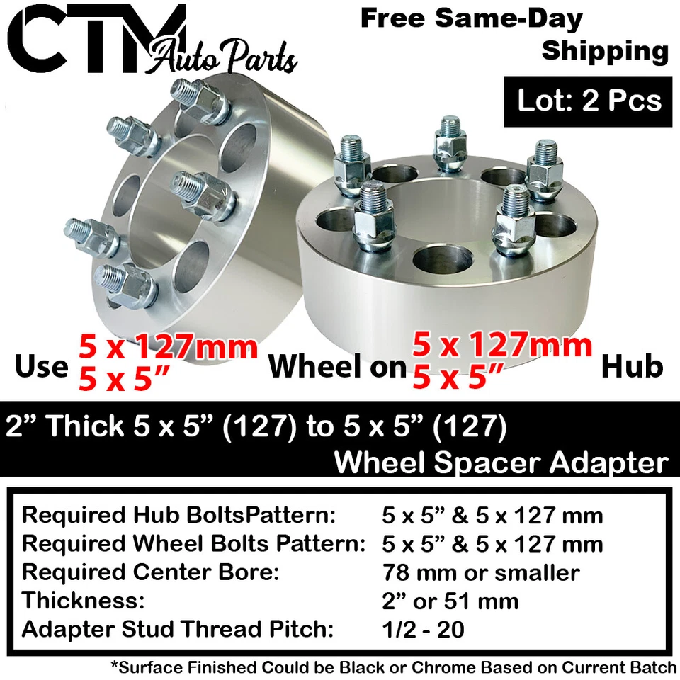 2x 2" Thick 5x5"(5x127mm) 78mm Bore Wheel Spacer Adapter 1/2-20 Stud JEEP & More - Image 1 of 4