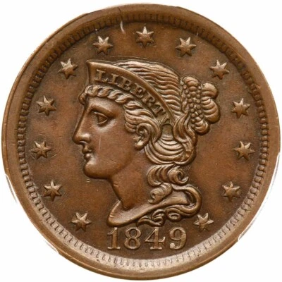 1849 N-2 R-2 PCGS MS 63 BN CAC Braided Hair Large Cent Coin 1c - Image 1 of 3