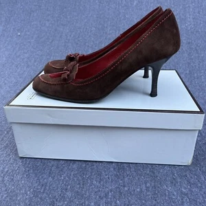 Coach Women's Anise Suede Brown Heels Size 7M Stitched Bow Heels - Picture 1 of 13
