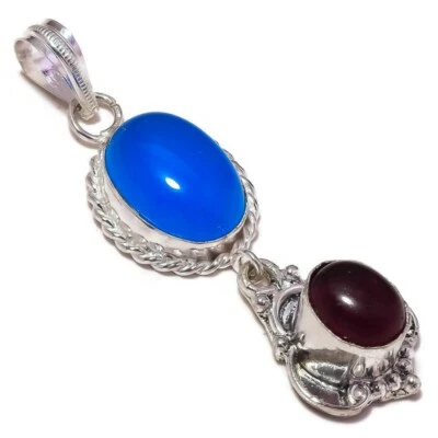 蓝色玉髓,红色石榴石宝石银色覆盖手工双滴吊坠 — 第 1/3 张图片