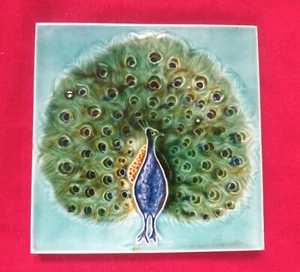 1 Piece Peacock Art Deco Embossed Design Majolica Ceramic Tiles Japan Made 0598 - Picture 1 of 6