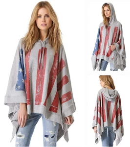 HAUTE HIPPIE cool travel usa flag free people hooded hoodie goop poncho cape o/s - Picture 1 of 11