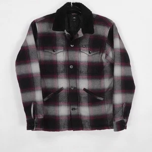 Obey Jacket Mens Small Black Gray Red Plaid Sherpa Collar Flannel Lined Workwear - Picture 1 of 12