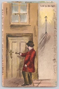 HOLD TO LIGHT Angry Woman In Window Man Comes Home Late Night Out Postcard - Picture 1 of 4