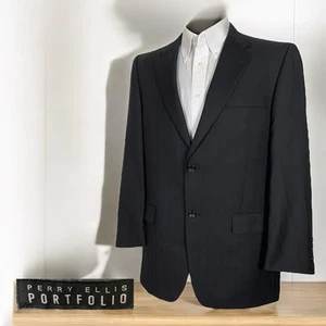 Perry Ellis Portfolio Blazer Jacket Mens 42R Black Solid Wool Two Buttons - Picture 1 of 10