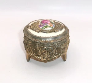 Vintage FKS Japan Schmuckschatulle Emaille Faux Kamee Floral Metall rot Samt gefüttert - Bild 1 von 11