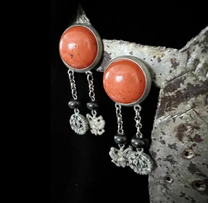 VTG Ben-Amun Carnelian Jasper Black Silver Drop/Dangle Clip Earrings 80s Boho - Picture 1 of 6