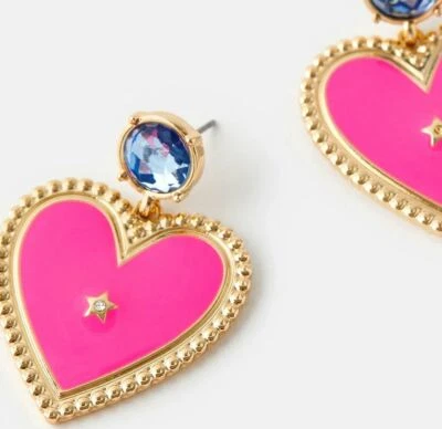 ACCESSORIZE HEART ENAMEL EARRINGS PINK GOLD BLUE STATEMENT CRYSTAL DIAMANTE - Image 1 of 4