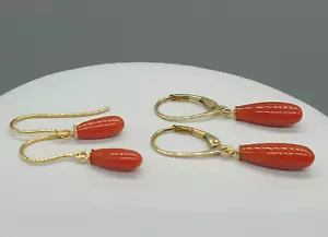 9ct gold Italian Red Coral Drop Dangle Earrings 9k yellow gold Natural stone - Picture 1 of 9