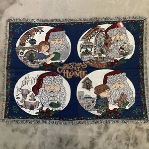 Vtg Chatham Throw Blanket Tapestry Christmas at Home Santa Fringed Cotton 69x53" - Picture 1 of 10