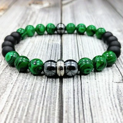 7.5"L STAINLESS STEEL 8mm Malachite+Hematite+Onyx Gemstone Bead Unisex Bracelet - Image 1 of 4