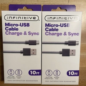 2 PACK Micro-USB Android Braided Cable -Charge & Sync 10 ft. Black/Grey New - Picture 1 of 4