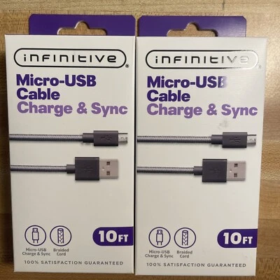 2 PACK Micro-USB Android Braided Cable -Charge & Sync 10 ft. Black/Grey New - Image 1 of 4