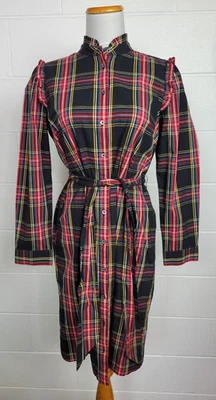 NUEVO CON ETIQUETAS J Crew Negro Stewart Cuadros Volantes Cuello Cinturón Camisa BC715 Talla 8 Foto 1 de 4