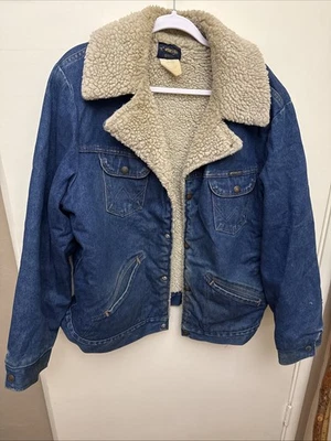 Vintage Wrangler Jacket Mens XL Blue Sherpa Lined Denim Made In USA 80s 74256NV - Image 1 of 4