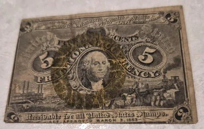 CIVIL WAR ERA FRACTIONAL CURRANCY 2ND PRINTING 1863 5 CENTS NOTE CUTTING ERROR - Image 1 of 4