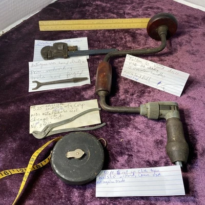 "Lote de 6 herramientas de mano antiguas de colección, taladro de 10"" Indestro, cinta de tela Walsco J343t6" Foto 1 de 4
