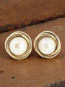 ESTATE JEWELRY SOLID 14K YELLOW GOLD STUD EARRINGS GOLD KNOT 6.4mm PEARL #8099 - Picture 1 of 3
